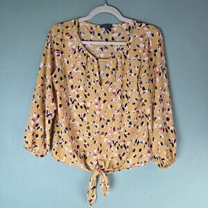 West Kei Womens Yellow Multicolor Print Cassia Keyhole Blouse with Tie Size XS